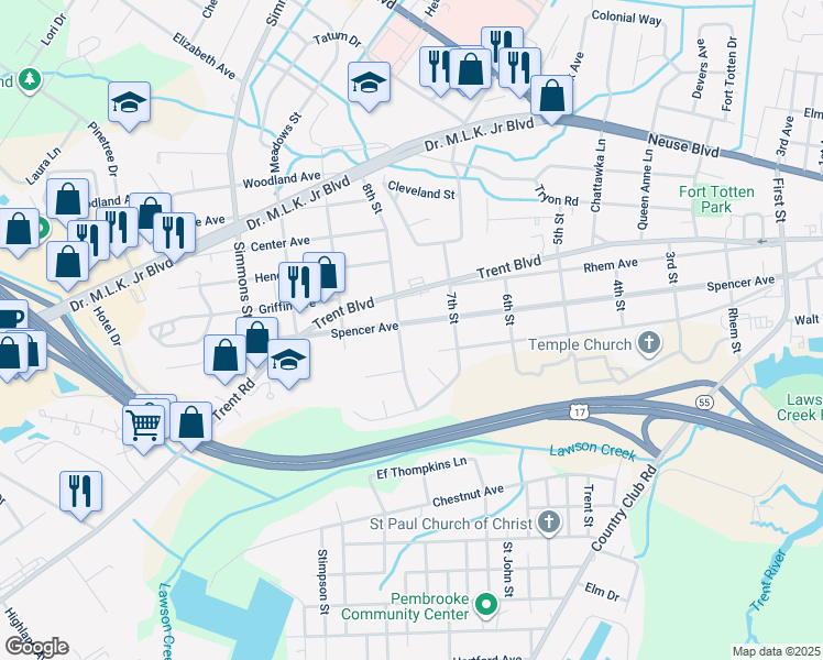 map of restaurants, bars, coffee shops, grocery stores, and more near 1919 Spencer Avenue in New Bern