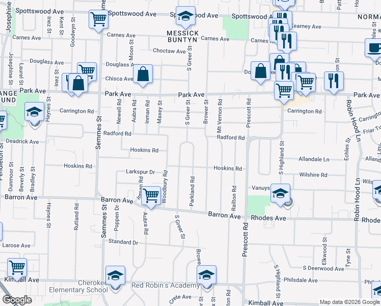 map of restaurants, bars, coffee shops, grocery stores, and more near 1048 Parkland Road in Memphis