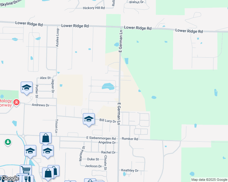 map of restaurants, bars, coffee shops, grocery stores, and more near 1855-1927 East German Lane in Conway