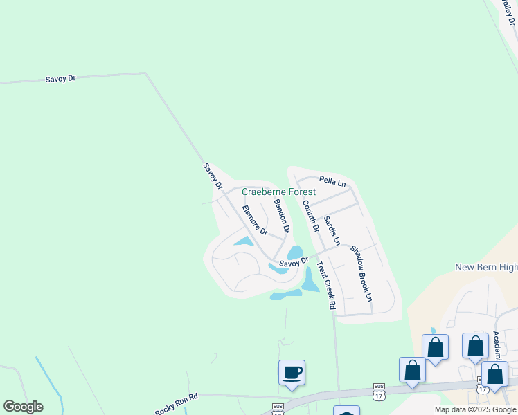 map of restaurants, bars, coffee shops, grocery stores, and more near 109 Westwood Court in New Bern