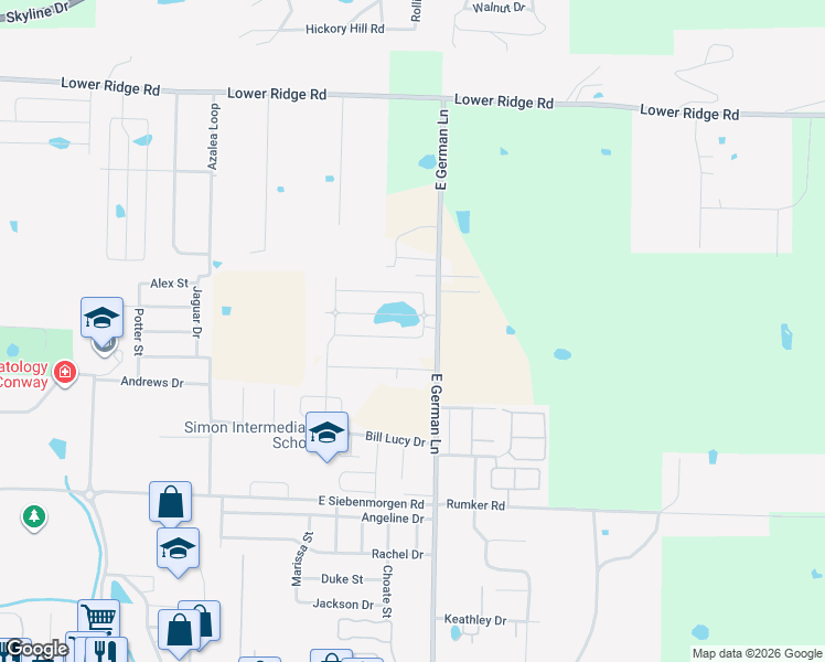 map of restaurants, bars, coffee shops, grocery stores, and more near 1855-1927 East German Lane in Conway