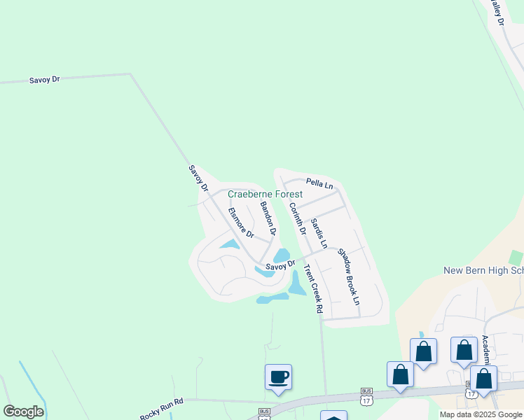 map of restaurants, bars, coffee shops, grocery stores, and more near 217 Bandon Drive in New Bern