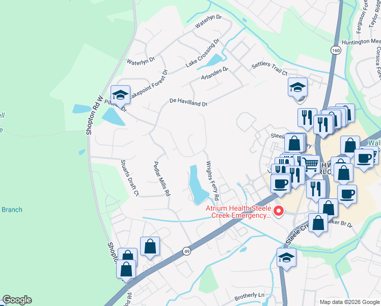 map of restaurants, bars, coffee shops, grocery stores, and more near 16027 Kirsten Nicole Road in Charlotte