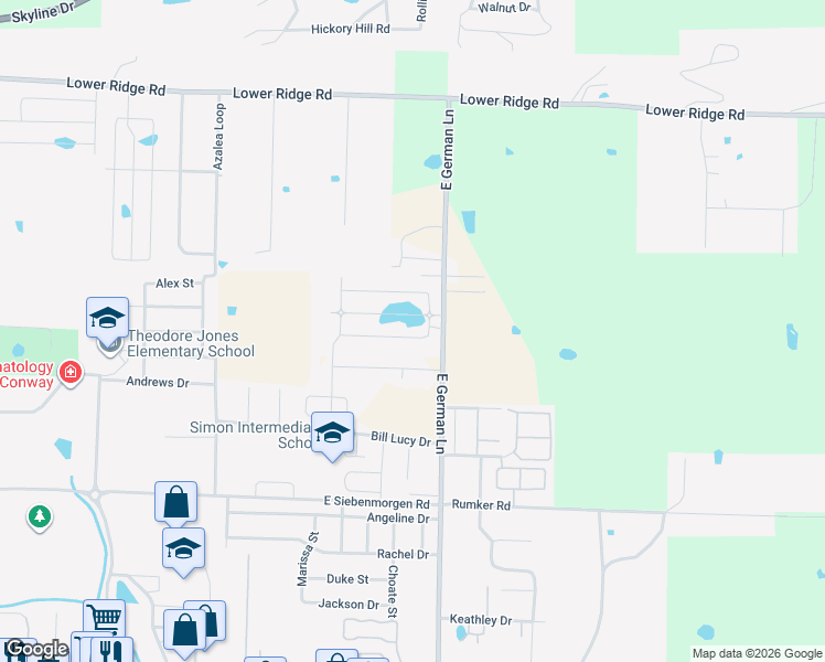 map of restaurants, bars, coffee shops, grocery stores, and more near 1855-1927 East German Lane in Conway