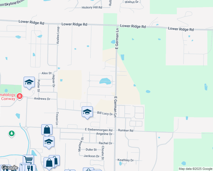 map of restaurants, bars, coffee shops, grocery stores, and more near 2111 East German Lane in Conway