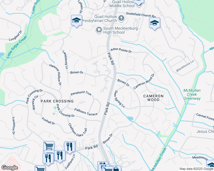 map of restaurants, bars, coffee shops, grocery stores, and more near 9403 South Vicksburg Park Court in Charlotte