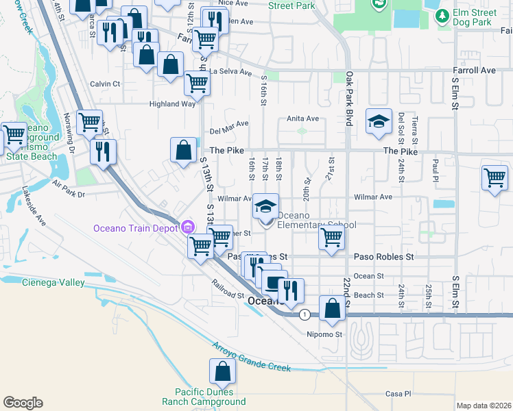map of restaurants, bars, coffee shops, grocery stores, and more near 1658 Wilmar Avenue in Oceano