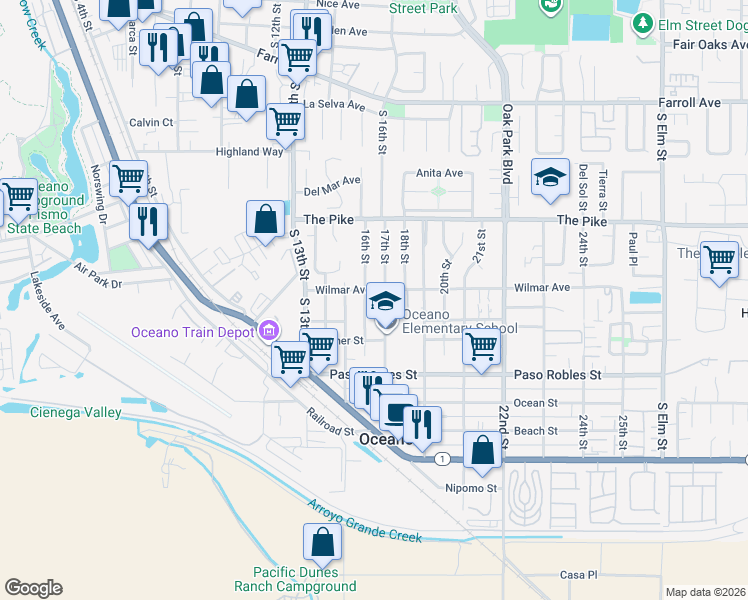 map of restaurants, bars, coffee shops, grocery stores, and more near 1658 Wilmar Avenue in Oceano
