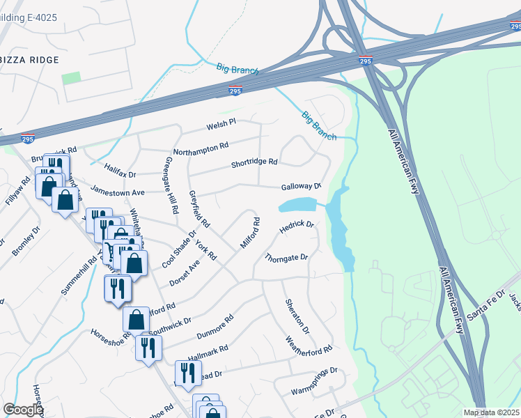 map of restaurants, bars, coffee shops, grocery stores, and more near 6418 Milford Road in Fayetteville