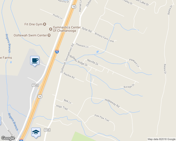 map of restaurants, bars, coffee shops, grocery stores, and more near 6671 Satjanon Drive in Ooltewah