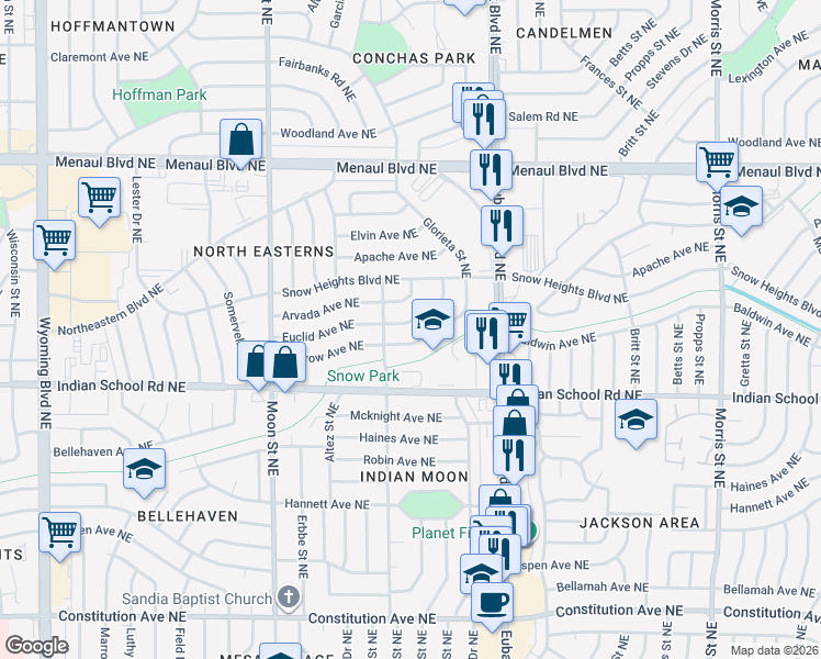 map of restaurants, bars, coffee shops, grocery stores, and more near 9701 Euclid Avenue Northeast in Albuquerque