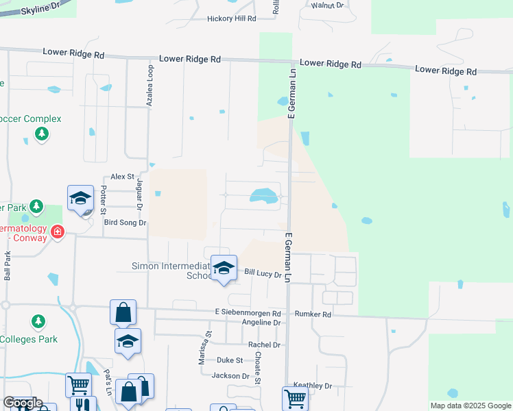 map of restaurants, bars, coffee shops, grocery stores, and more near 2111 East German Lane in Conway