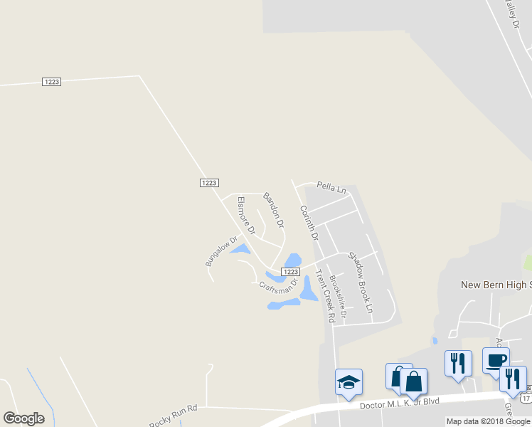 map of restaurants, bars, coffee shops, grocery stores, and more near 110 Westwood Court in New Bern