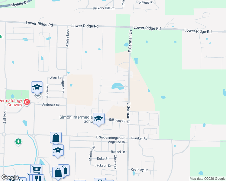 map of restaurants, bars, coffee shops, grocery stores, and more near 2111 East German Lane in Conway