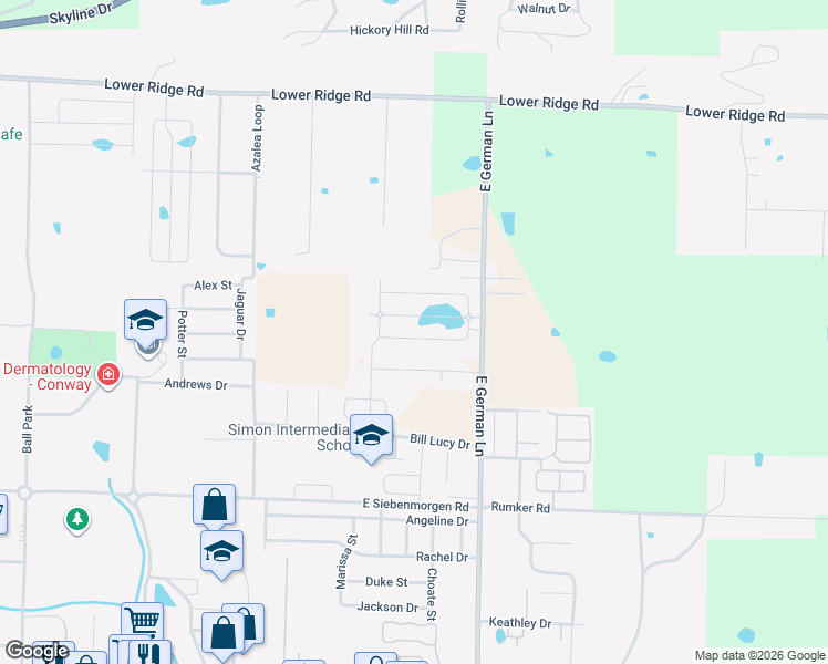 map of restaurants, bars, coffee shops, grocery stores, and more near 2111 East German Lane in Conway