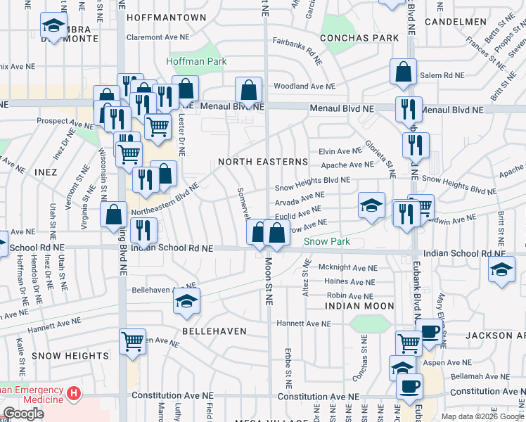 map of restaurants, bars, coffee shops, grocery stores, and more near 1921 Moon Street Northeast in Albuquerque