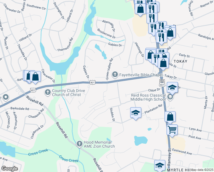 map of restaurants, bars, coffee shops, grocery stores, and more near 500 Country Club Drive in Fayetteville