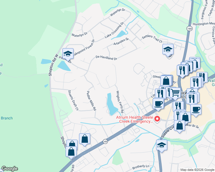 map of restaurants, bars, coffee shops, grocery stores, and more near 16027 Kirsten Nicole Road in Charlotte