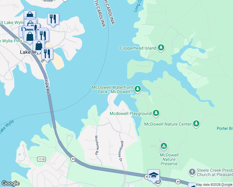 map of restaurants, bars, coffee shops, grocery stores, and more near 15900 Riverpointe Drive in Charlotte