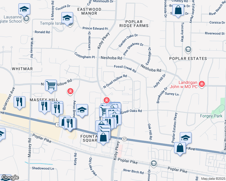map of restaurants, bars, coffee shops, grocery stores, and more near 1710 Kirby Parkway in Memphis