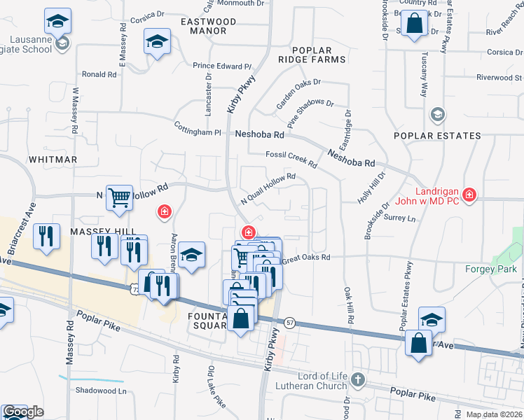 map of restaurants, bars, coffee shops, grocery stores, and more near 1710 Kirby Parkway in Memphis