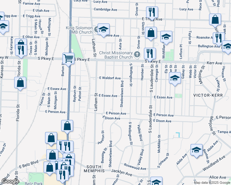 map of restaurants, bars, coffee shops, grocery stores, and more near 1561 Cameron Street in Memphis