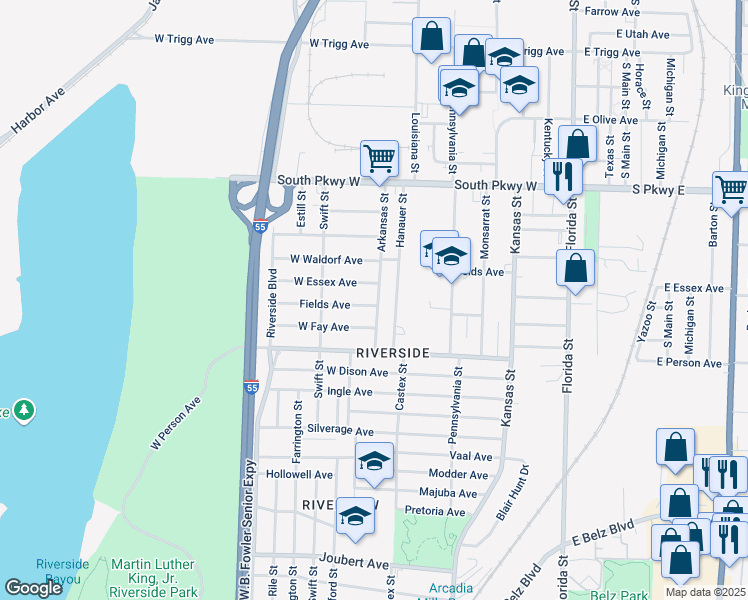 map of restaurants, bars, coffee shops, grocery stores, and more near 1580 Arkansas Street in Memphis