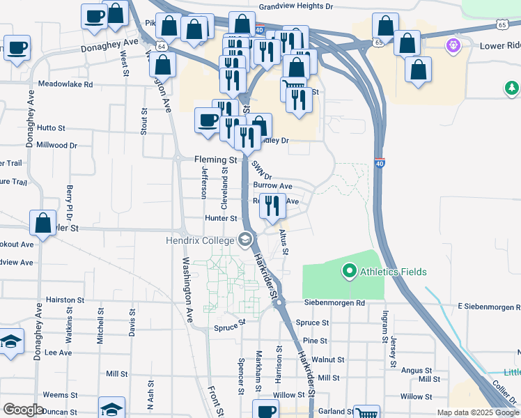 map of restaurants, bars, coffee shops, grocery stores, and more near 1920 Harkrider Street in Conway