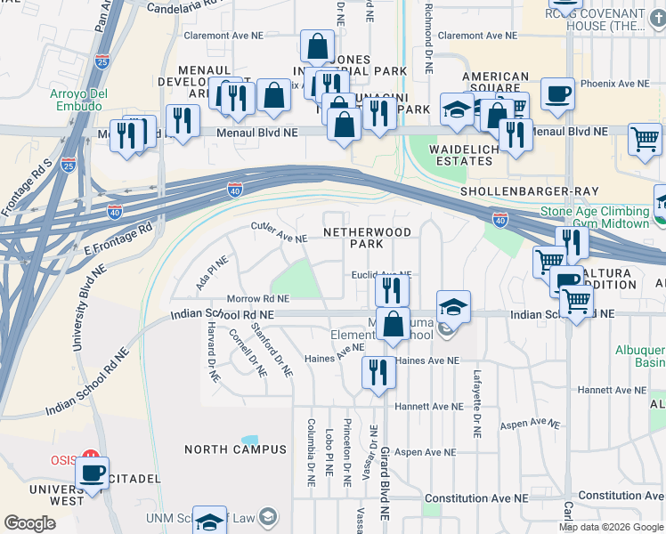 map of restaurants, bars, coffee shops, grocery stores, and more near 2621 Schell Place Northeast in Albuquerque