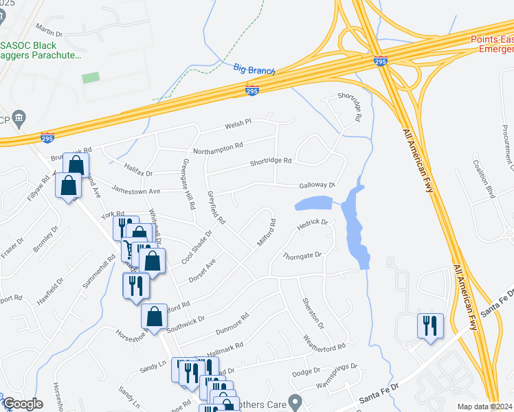 map of restaurants, bars, coffee shops, grocery stores, and more near 6426 Milford Road in Fayetteville