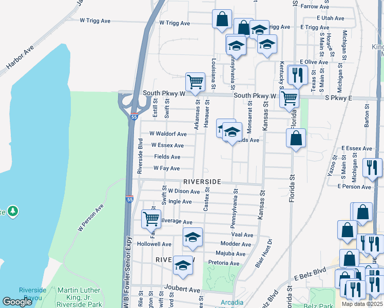 map of restaurants, bars, coffee shops, grocery stores, and more near 1580 Arkansas Street in Memphis