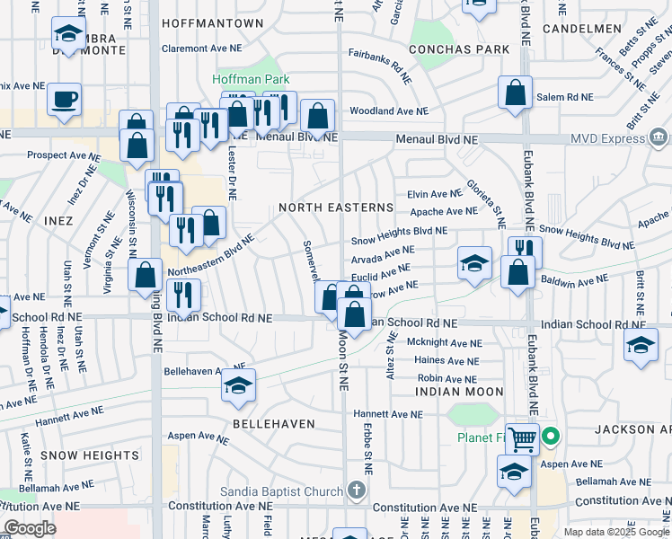 map of restaurants, bars, coffee shops, grocery stores, and more near 1921 Moon Street Northeast in Albuquerque