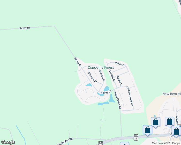 map of restaurants, bars, coffee shops, grocery stores, and more near 414 Elsmore Drive in New Bern