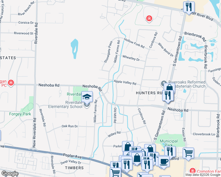 map of restaurants, bars, coffee shops, grocery stores, and more near 1635 Old Mill Road in Germantown