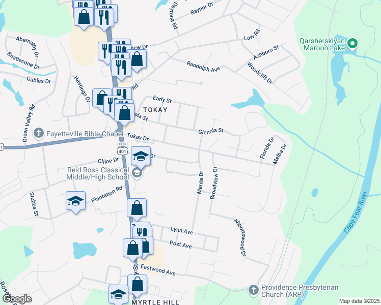 map of restaurants, bars, coffee shops, grocery stores, and more near 402 Tokay Drive in Fayetteville