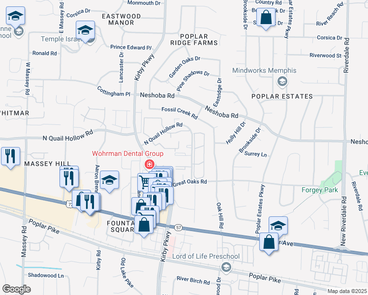 map of restaurants, bars, coffee shops, grocery stores, and more near 6757 Meadow Oak Place in Memphis