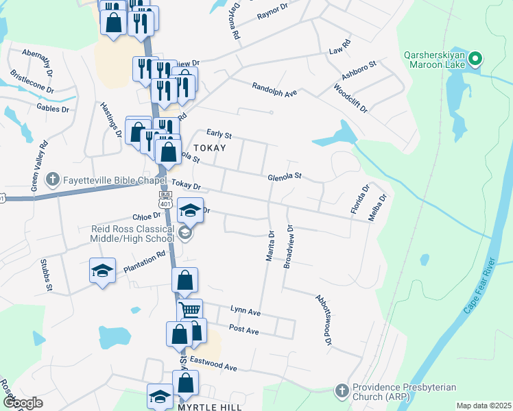 map of restaurants, bars, coffee shops, grocery stores, and more near 402 Tokay Drive in Fayetteville