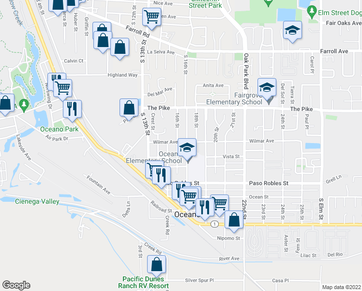 map of restaurants, bars, coffee shops, grocery stores, and more near 1654 Wilmar Avenue in Oceano