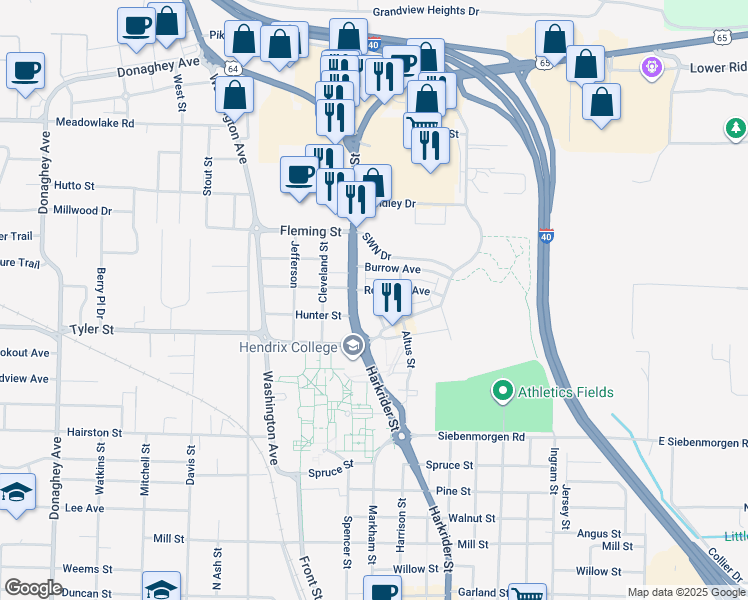 map of restaurants, bars, coffee shops, grocery stores, and more near 1875 McKennon Street in Conway