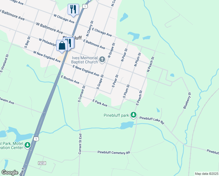 map of restaurants, bars, coffee shops, grocery stores, and more near South Pear Street in Pinebluff
