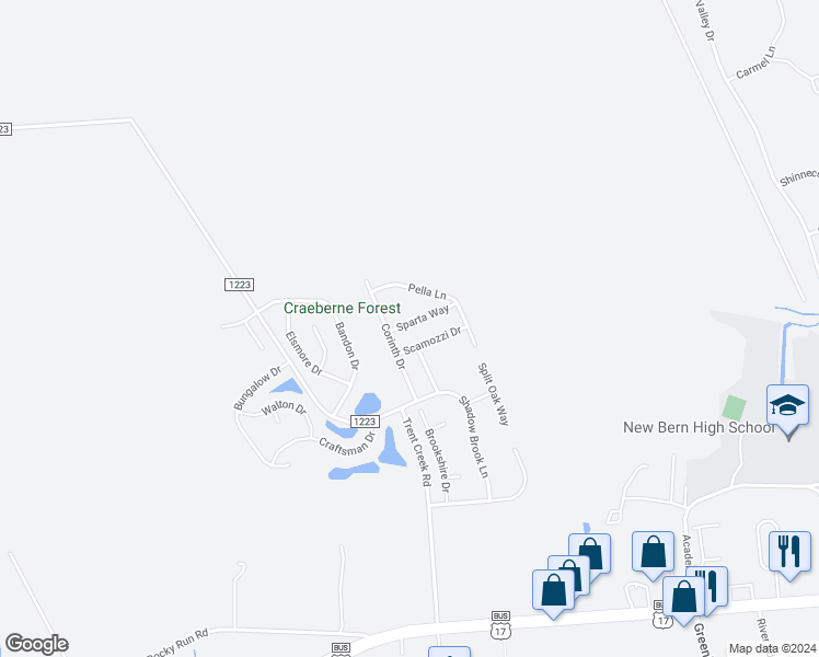 map of restaurants, bars, coffee shops, grocery stores, and more near 104 Sparta Way in New Bern