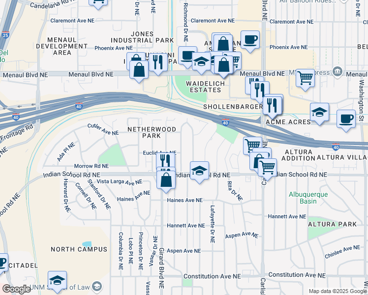 map of restaurants, bars, coffee shops, grocery stores, and more near 1740 Richmond Drive Northeast in Albuquerque
