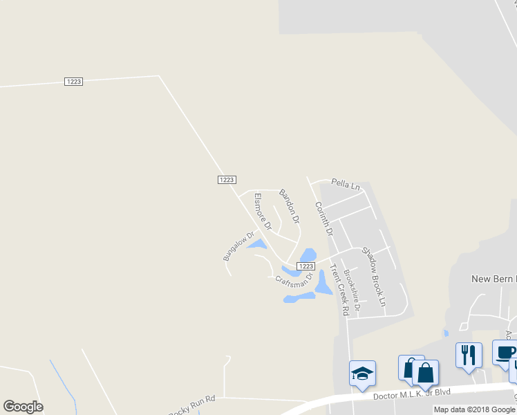 map of restaurants, bars, coffee shops, grocery stores, and more near 414 Elsmore Drive in New Bern