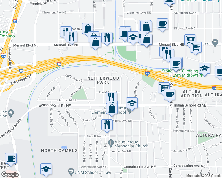 map of restaurants, bars, coffee shops, grocery stores, and more near 1840 Dartmouth Drive Northeast in Albuquerque
