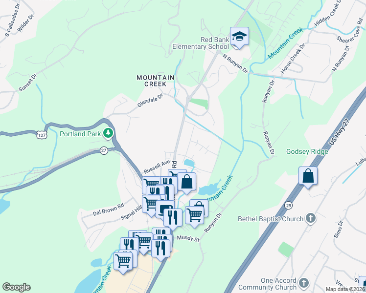 map of restaurants, bars, coffee shops, grocery stores, and more near 900 Mountain Creek Road in Chattanooga