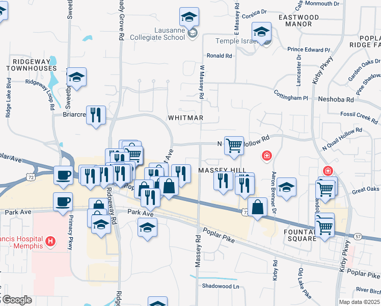 map of restaurants, bars, coffee shops, grocery stores, and more near 1625 West Massey Road in Memphis