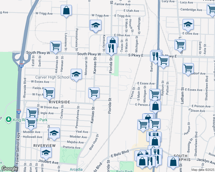 map of restaurants, bars, coffee shops, grocery stores, and more near 1571 Florida Street in Memphis
