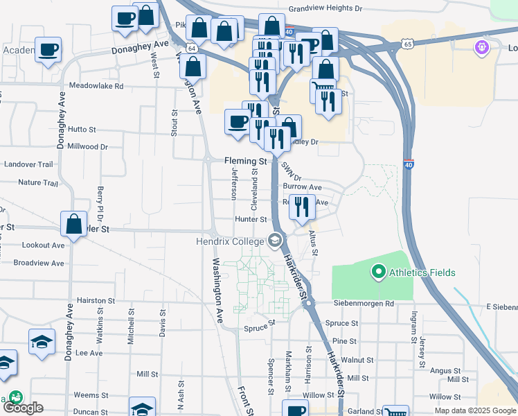 map of restaurants, bars, coffee shops, grocery stores, and more near 1170 Gist Street in Conway