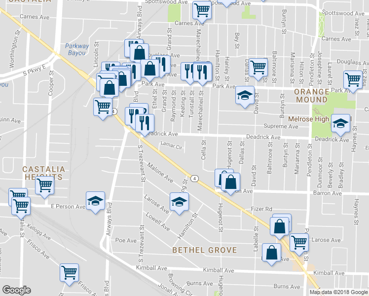 map of restaurants, bars, coffee shops, grocery stores, and more near Lamar Circle & Lamar Cove in Memphis