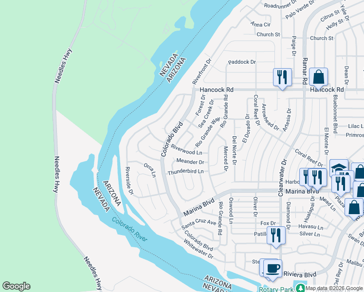 map of restaurants, bars, coffee shops, grocery stores, and more near 1806 Forest Drive in Bullhead City